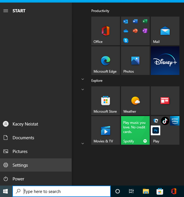 Start menu on Windows