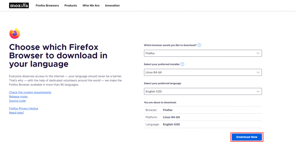 Click Download to install Firefox on Linux