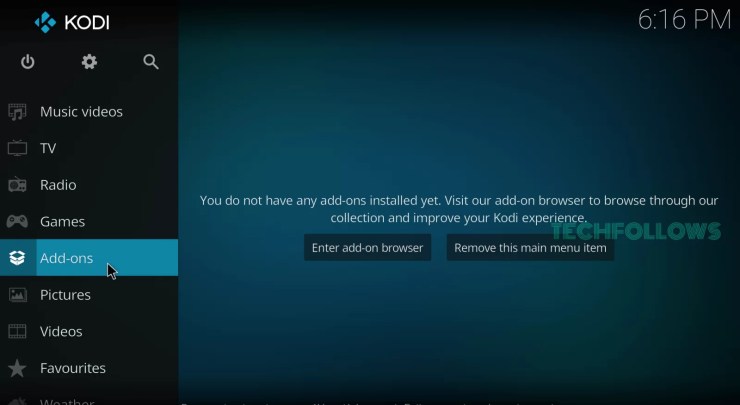 Select Addons from the Kodi Home page 