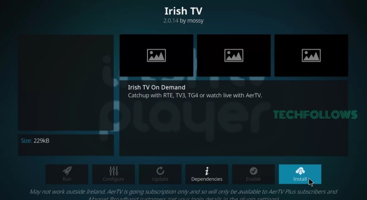Click Install to get Irish TV Kodi Addon