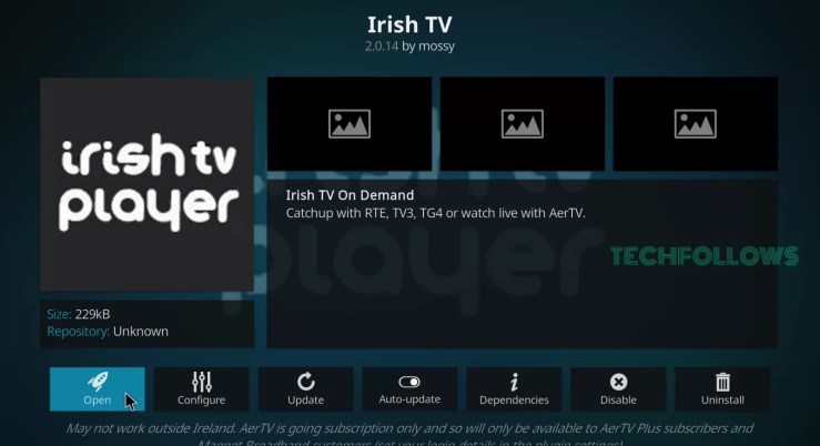 Click Open to launch Irish TV kodi addon