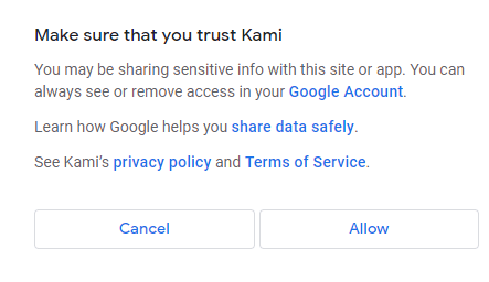 Click Allow to use Kami Chrome extension