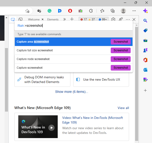 Four options to take a screenshot on Microsoft Edge