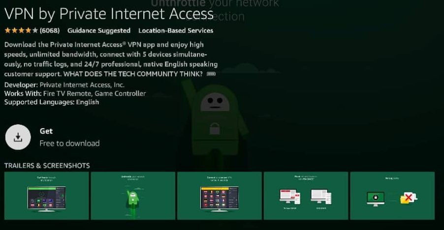 Click Get to install Private Internet Access VPN 