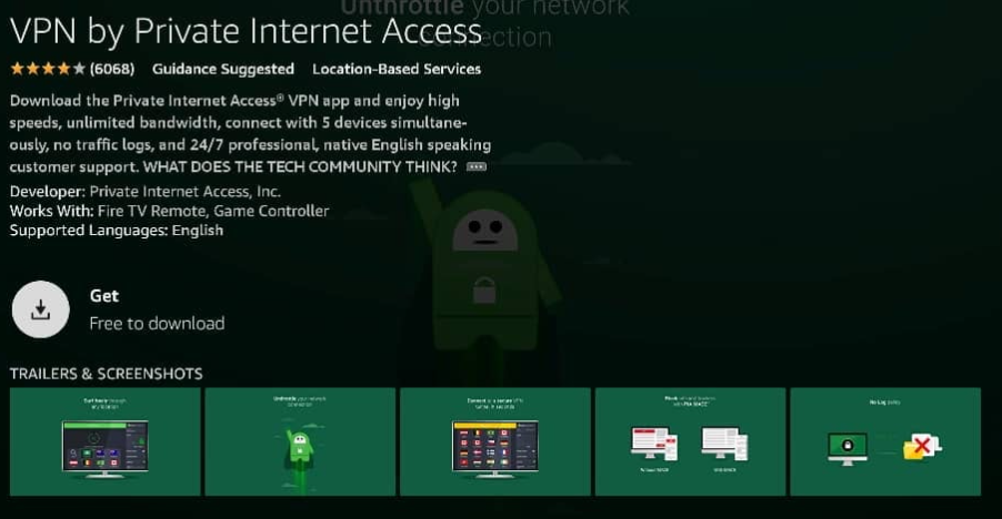 Click Get to install Private Internet Access VPN