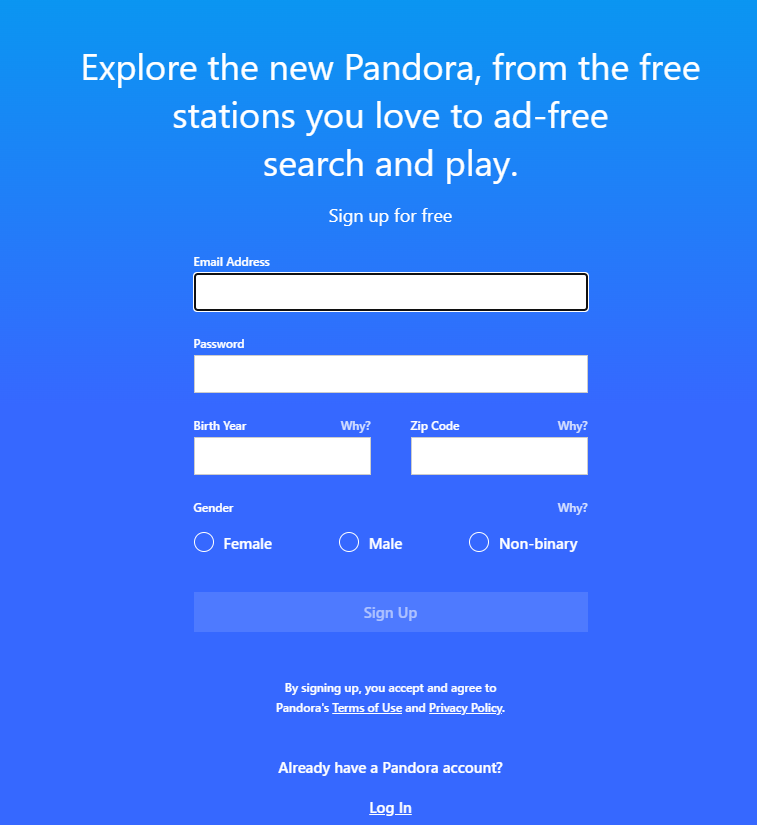 Sign Up for Pandora