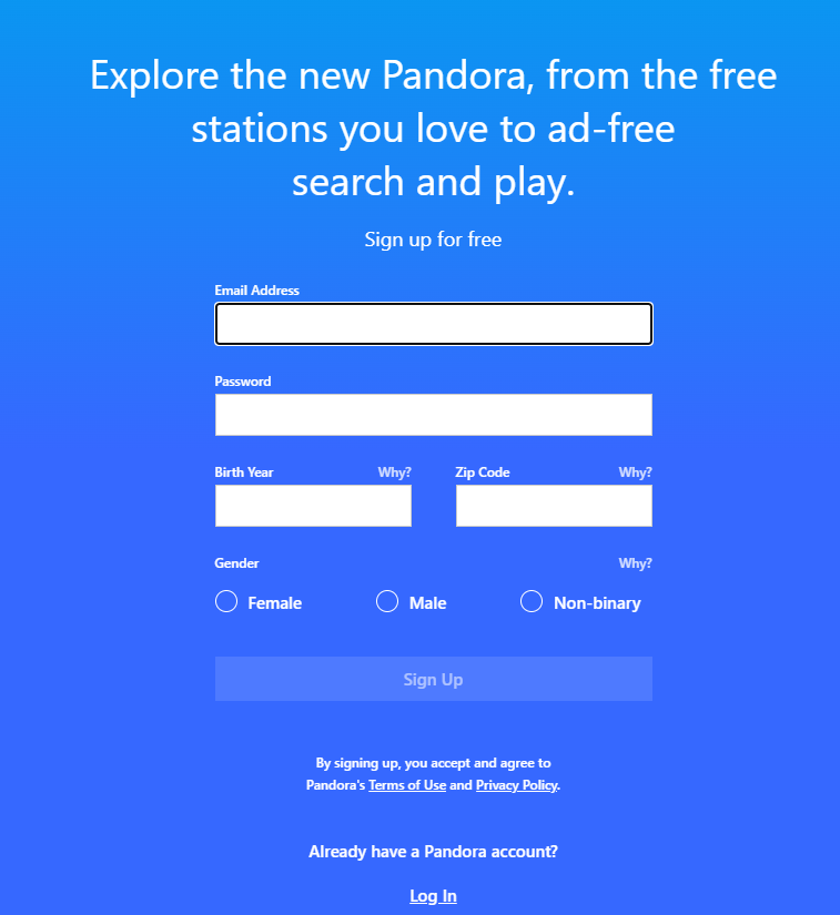 Sign Up for Pandora 