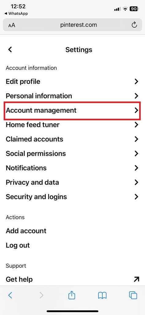 Account Management option to enable Pinterest Dark Mode