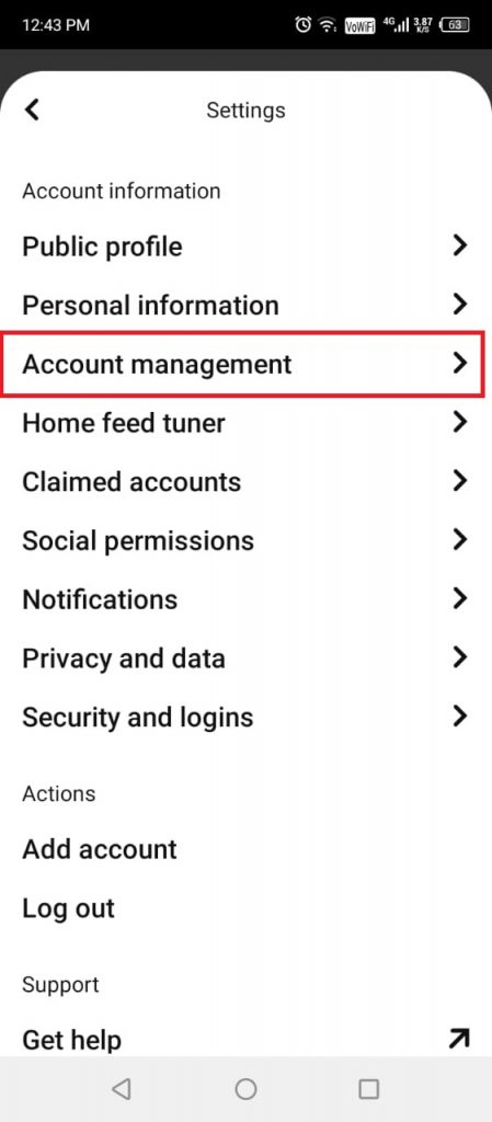 Account Management option