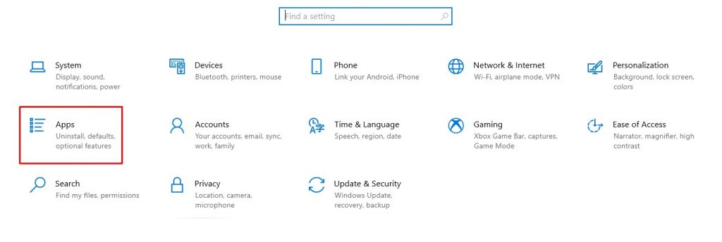 Apps section on Windows settings