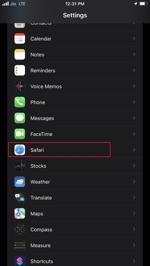 Open Safari under Settings app on iPhone