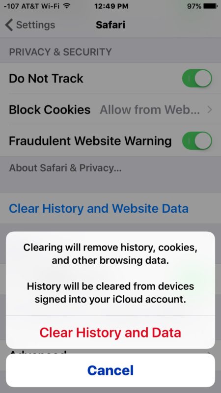 Clear History and Data to fix Safari on iPhone