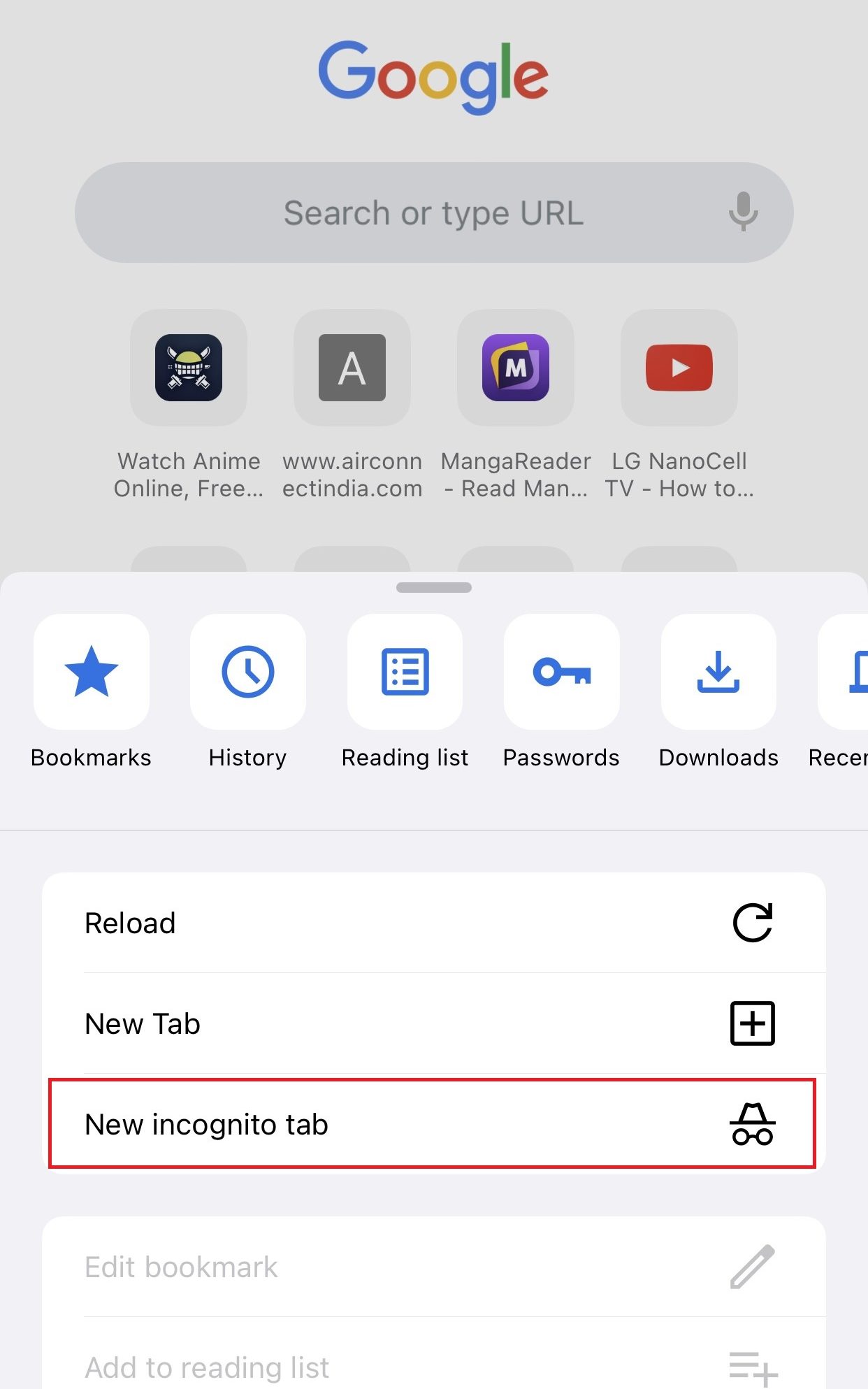 Tap on New incognito tab to open safe mode on chrome