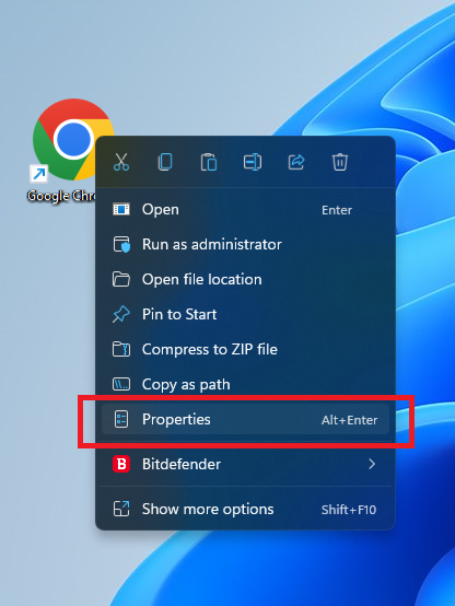 Click on Properties on Chrome shortcut