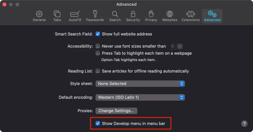 Check the box of Show Develop menu in menu bar 