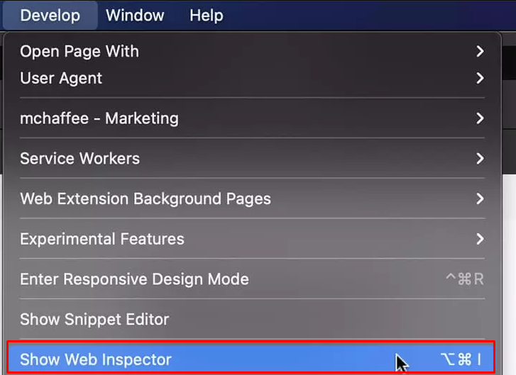 Click on  Show Web Inspector to capture screenshot on Safari