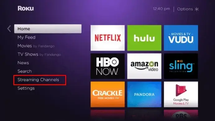 Go to Streaming Channels on Roku Home page