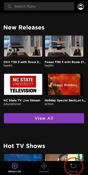 Choose Devices from the Home page of Roku app