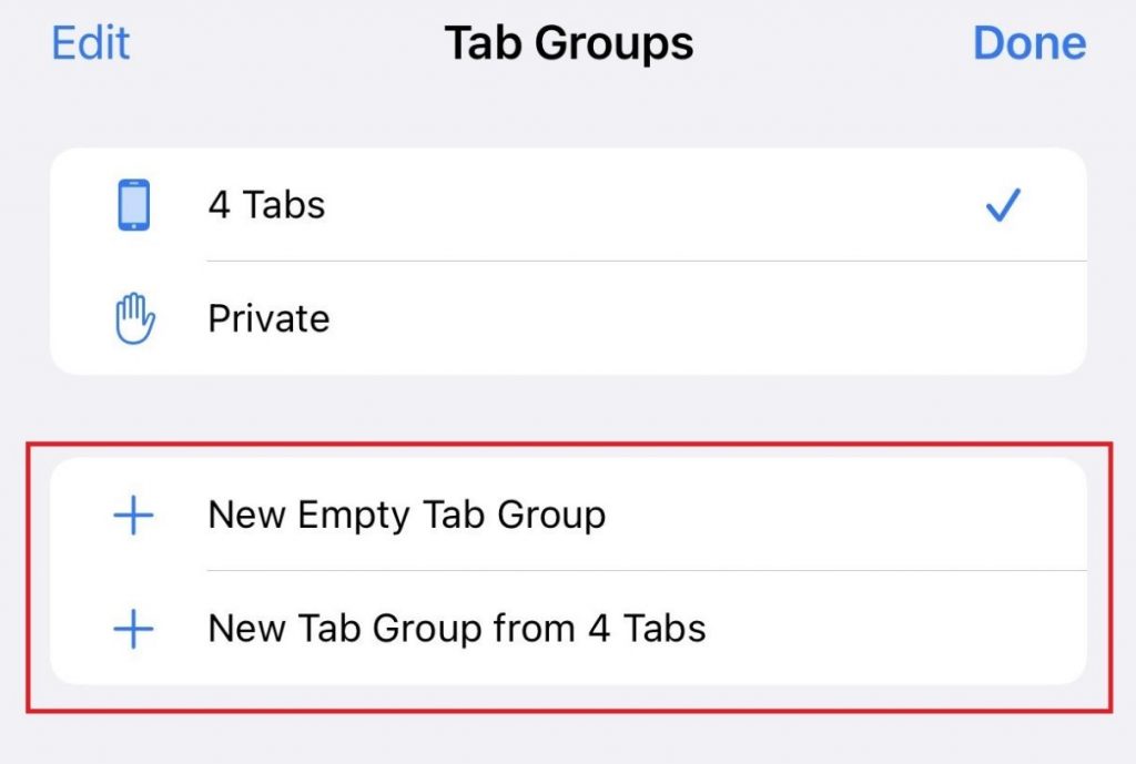 Choosing option for Tab groups
