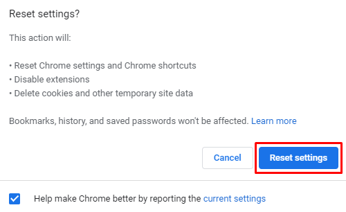Select Reset settings to close Yahoo on Chrome
