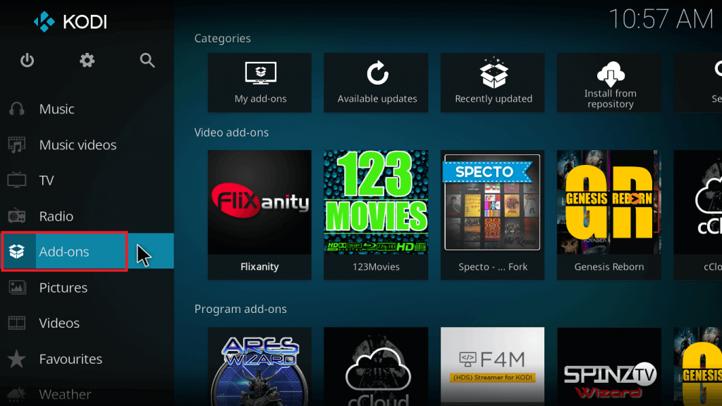Choose Addons from Kodi Home page