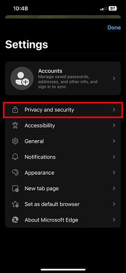 Privacy and security. delete cookies in Edge browser
