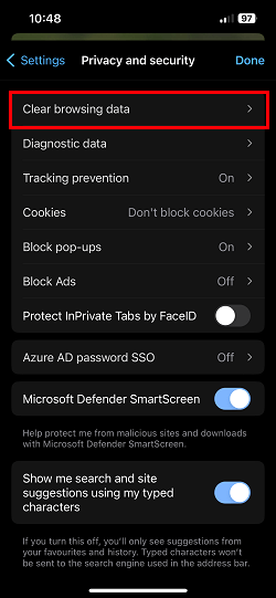 Clearing browsing data. delete cookies in Edge browser