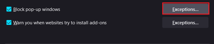 Exceptions. how to allow pop ups on firefox