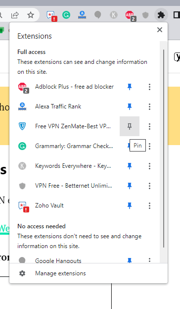 Select extensions and pin the VPN.