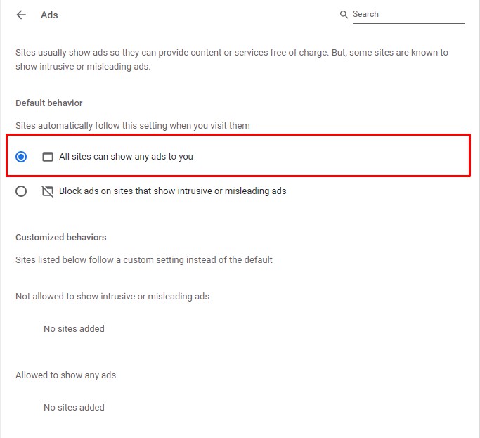 Select the option All sites can show any ads to you to disable the ad blocker