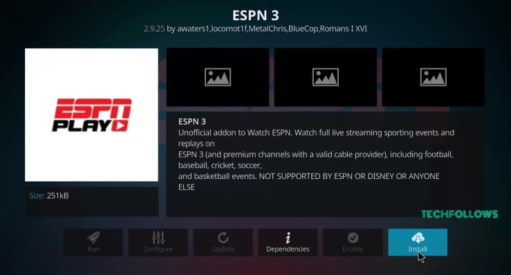 Click Install to get ESPN 3 addon on Kodi