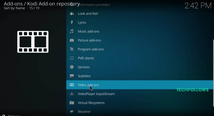 Select Video Addons on the Kodi repository page.