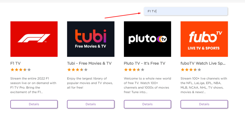 Search for F1 TV on Roku 