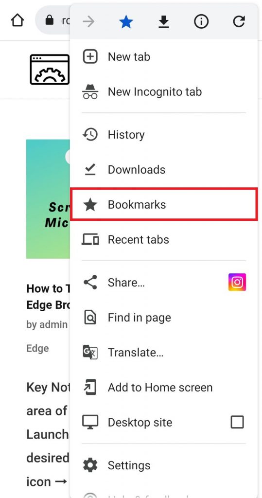 Click Bookmarks to view the Bookmarks saved on Chrome