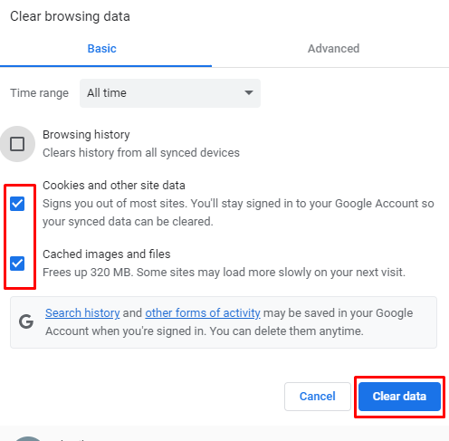 Click Clear data to clear the cookies on Chrome