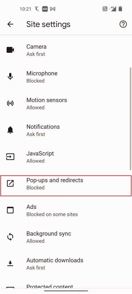 Tap Pop-ups and redirects option
