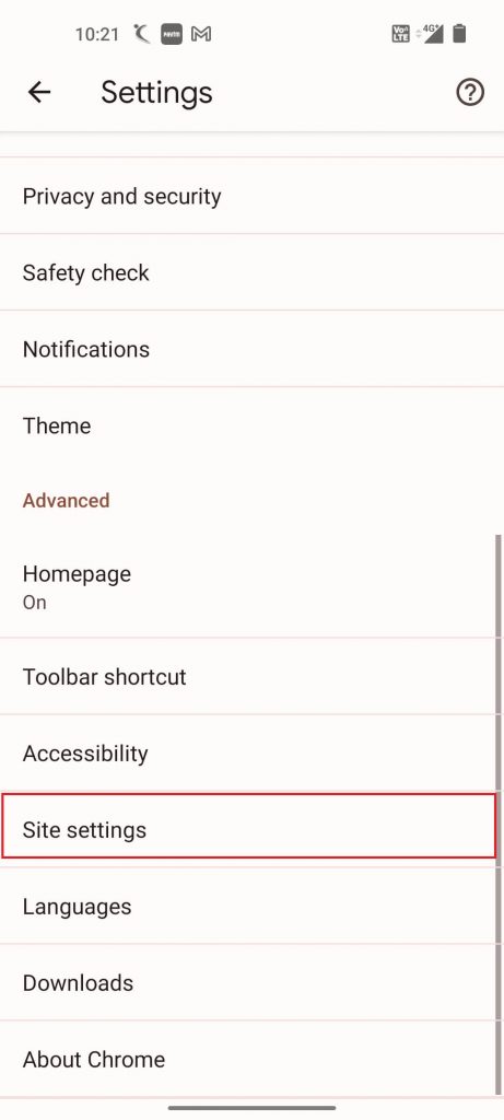 Tap the Site Settings option