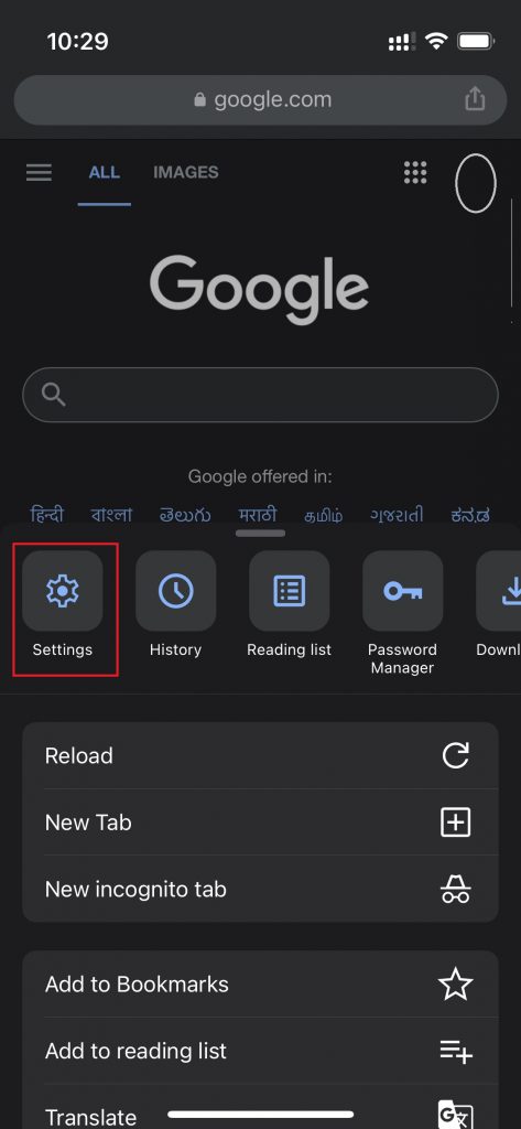 choose settings option on iOS device