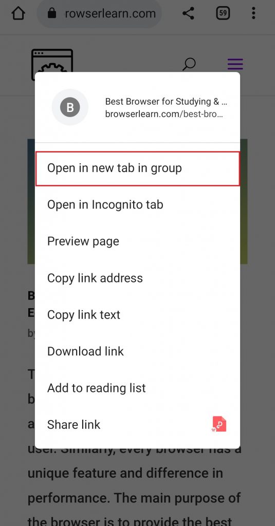 Click Open in new tab group to group the tab on Chrome