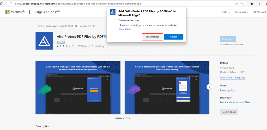 Click Add extension to to Password-Protect a PDF in Microsoft Edge
