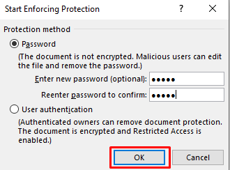 Click OK  to enable Password-Protect a PDF in Microsoft Word