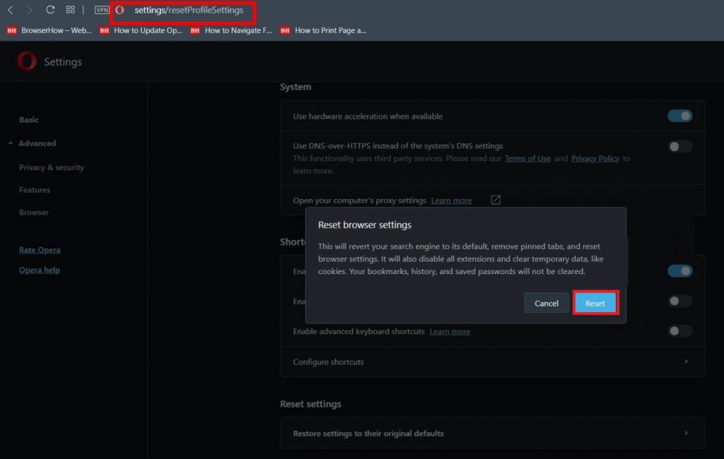 Reset Opera Browser