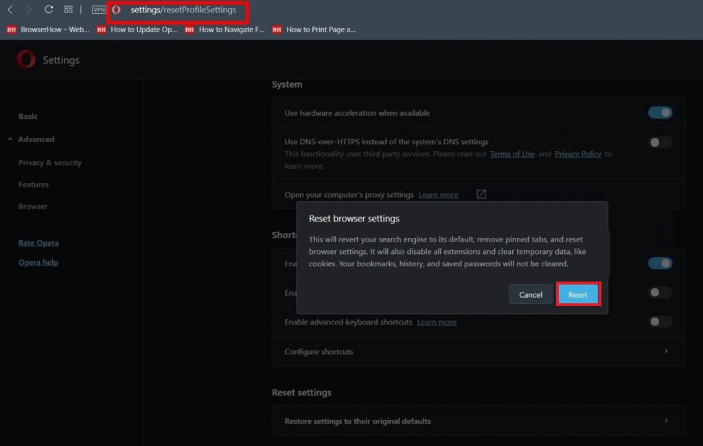 Reset Opera Browser 