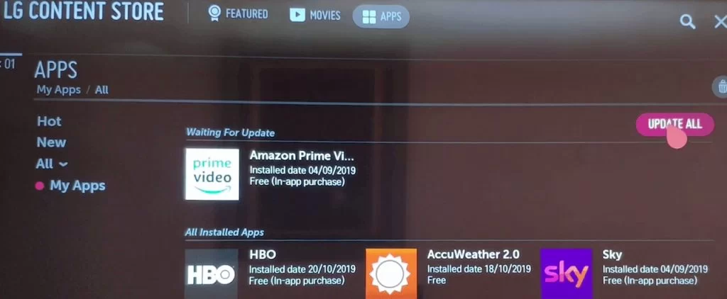 Tap Update All to update the apps on LG Smart TV