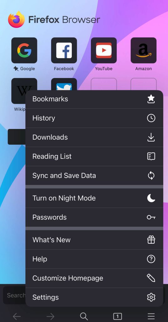 Tap Turn ON Night Mode to change Firefox background 
