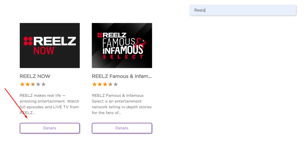 Click the details to install Reelz on Roku