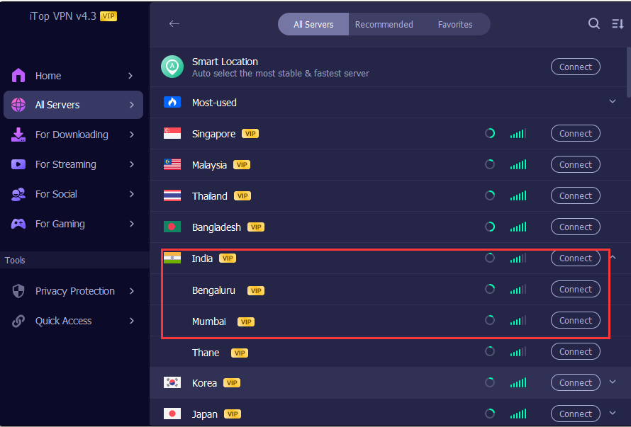 Indian IP Address on iTop VPN