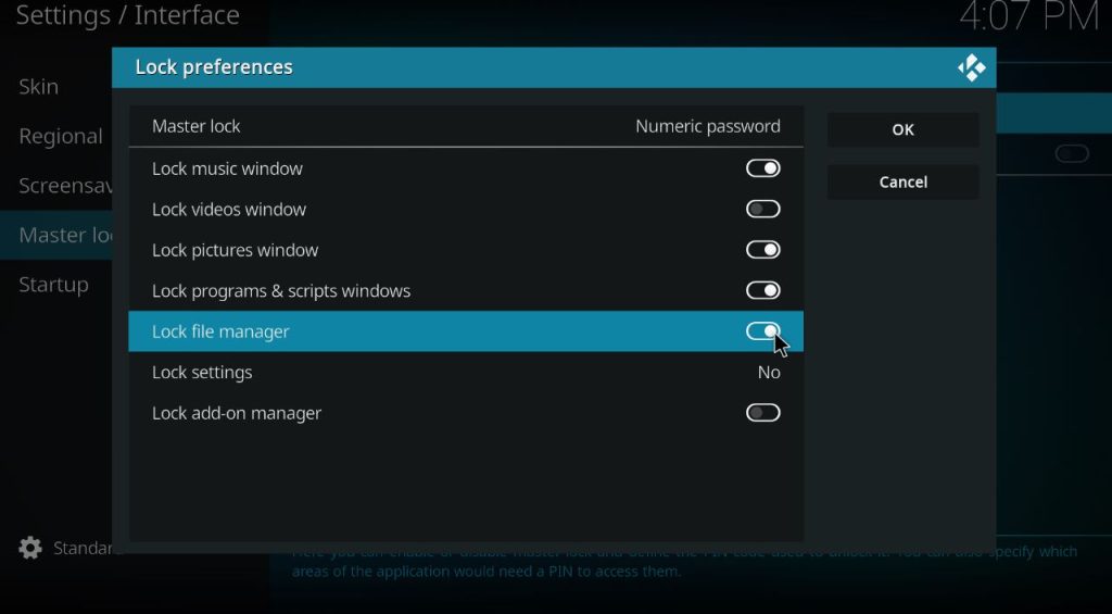 Enter Master Parental Control PIN on Kodi