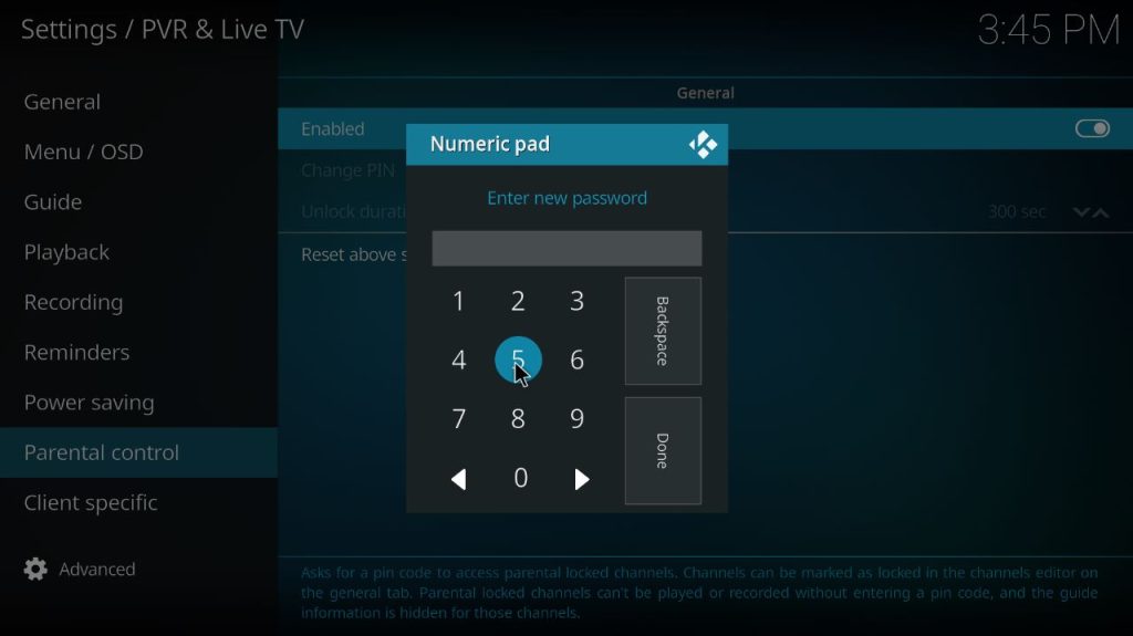 Enter Parental Control PIN on Kodi