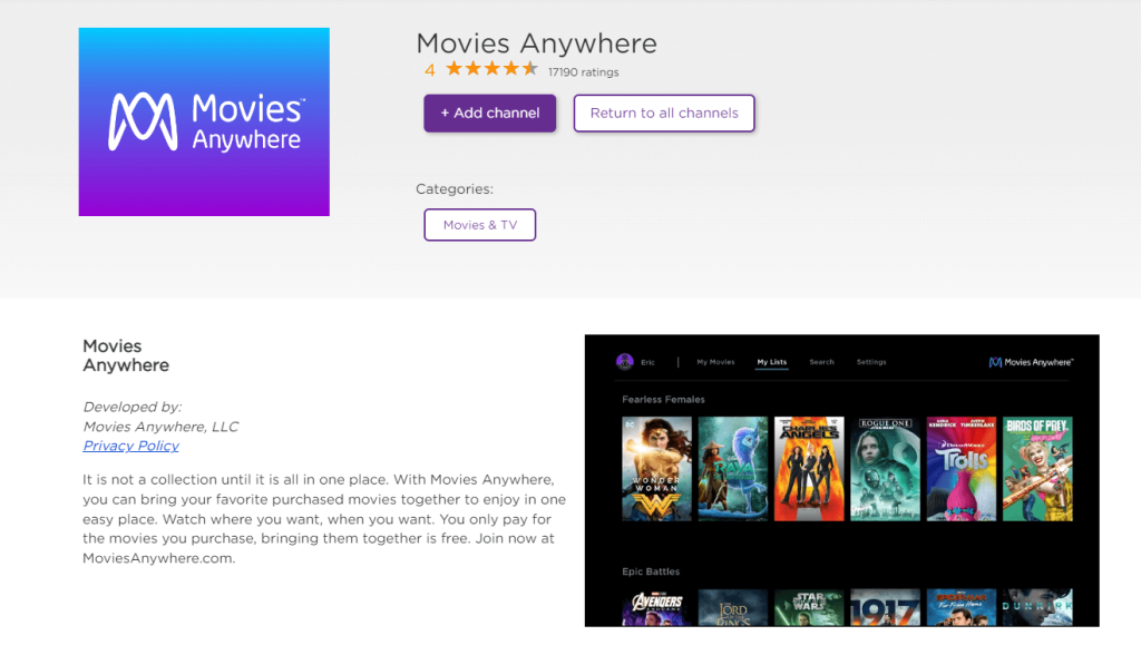 Hit Add channel to  add Movies Anywhere on Roku 